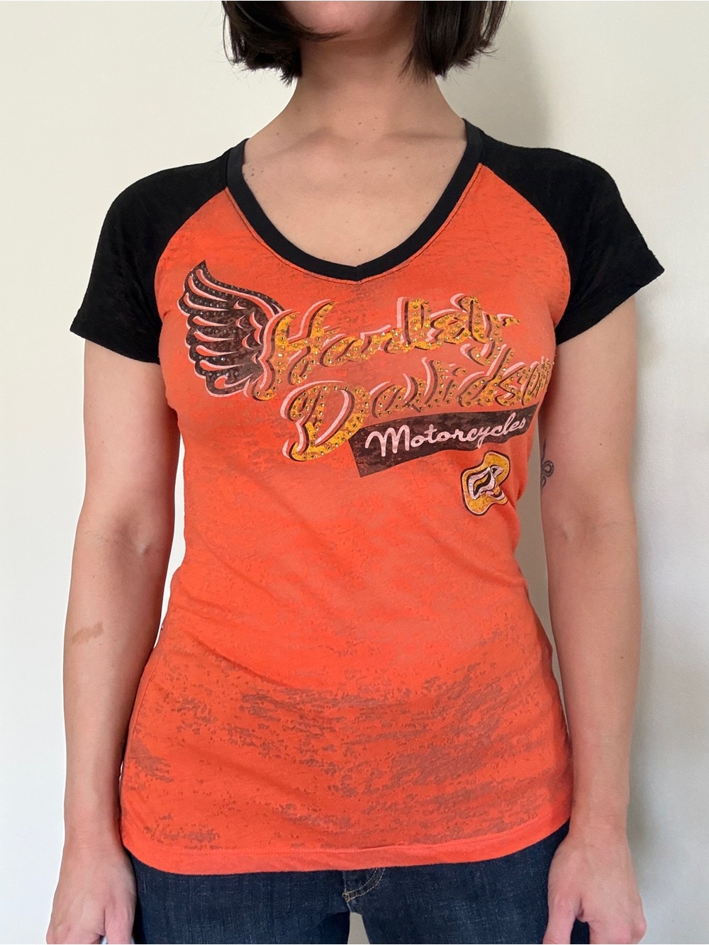 Sheer Harley Davidson Orange and Black Rhinestone V‑Neck Raglan Tee S